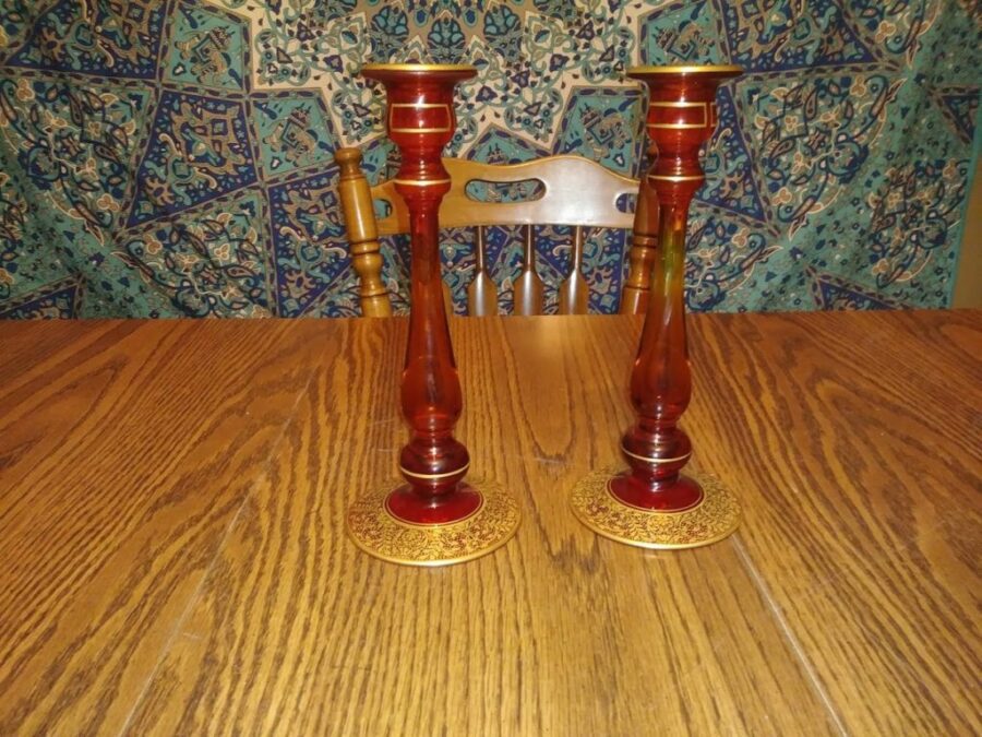 Vintage Amber and Gilt Glass Candle Holders