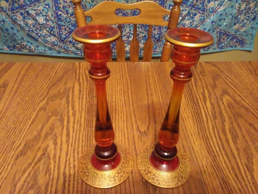 Vintage Amber and Gilt Glass Candle Holders
