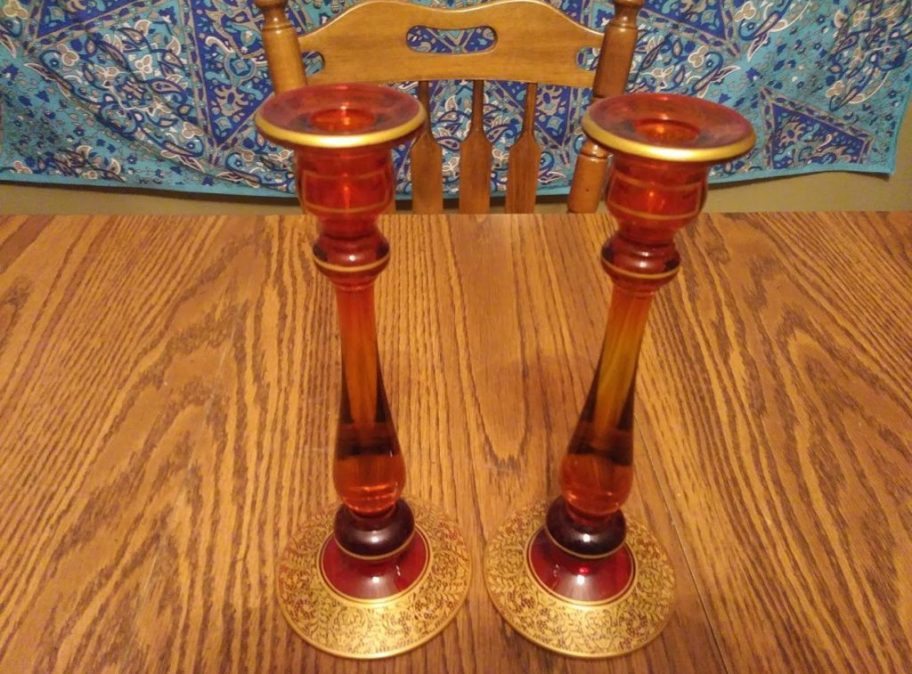 Vintage Red / Orange and Gold Gilt Carnival Glass Tall Candle Holders