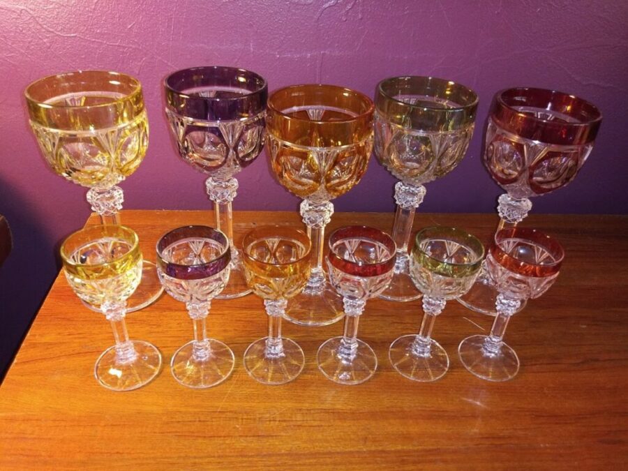11 Piece Vintage Bohemian Crystal Wine Glasses or Goblets and Cordial Liquor Stemware Set