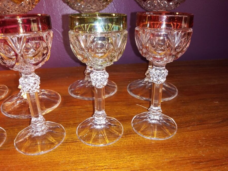 11 Piece Vintage Bohemian Crystal Wine Glasses or Goblets and Cordial Liquor Stemware Set