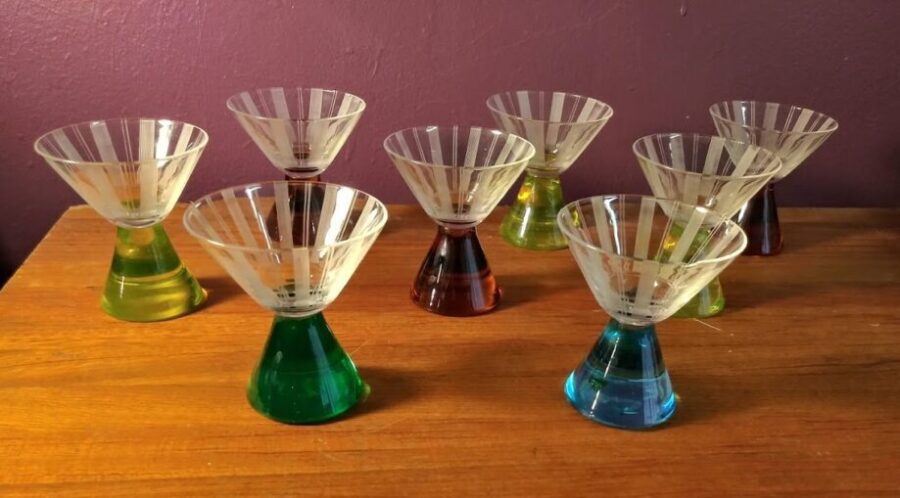 Colorful Vintage Art Deco Stemless Martini Glasses, Set of 8